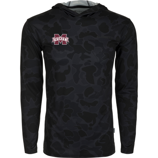 Mississippi State Performance Camo Hoodie with logo, built-in cooling, UPF 50, moisture-wicking, breathable stretch, and quick-drying features. Lightweight and versatile.