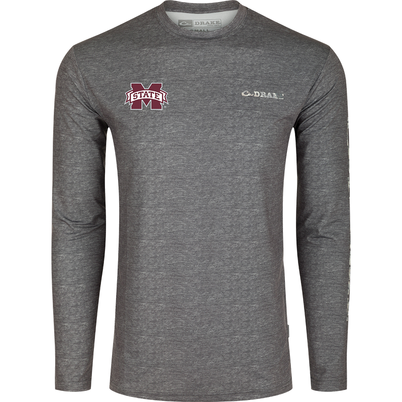 Mississippi State Performance Heather Long Sleeve Crew: A logo shirt with cooling, stretch, UPF 50, moisture-wicking, and quick-drying features. Lightweight and versatile for year-round wear.