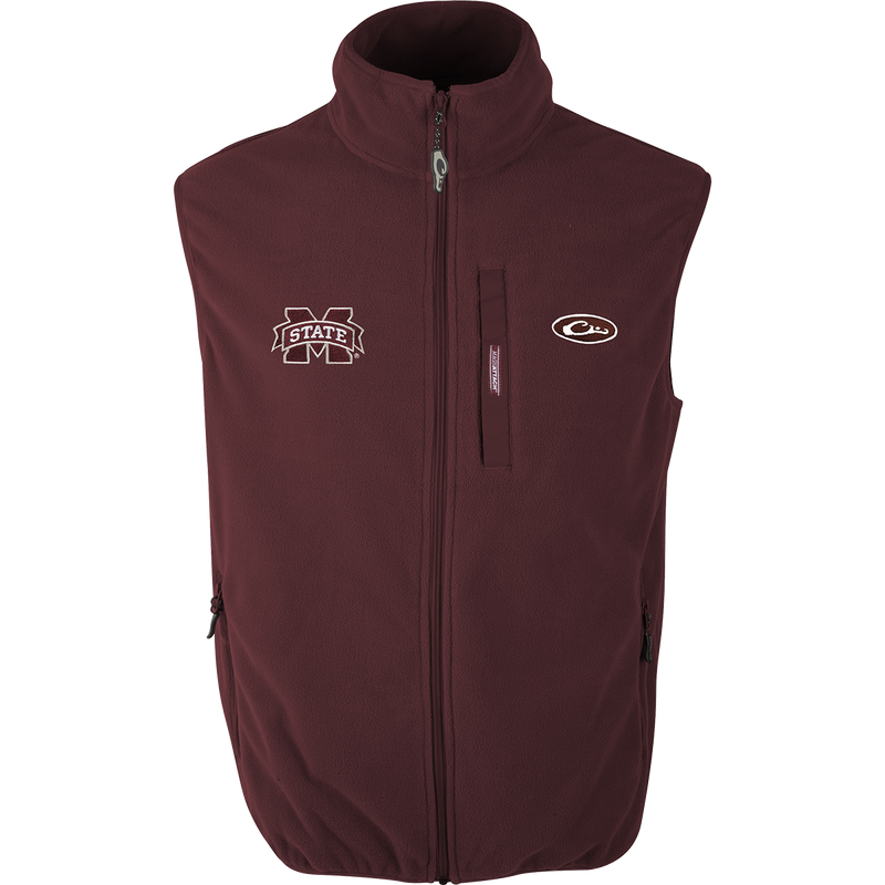 Mississippi State Camp Fleece Vest: Windproof, water resistant, ultra-warm vest with logo embroidery on right chest. Stand-up collar, Magnattach™ pocket, and hand warmer pockets.