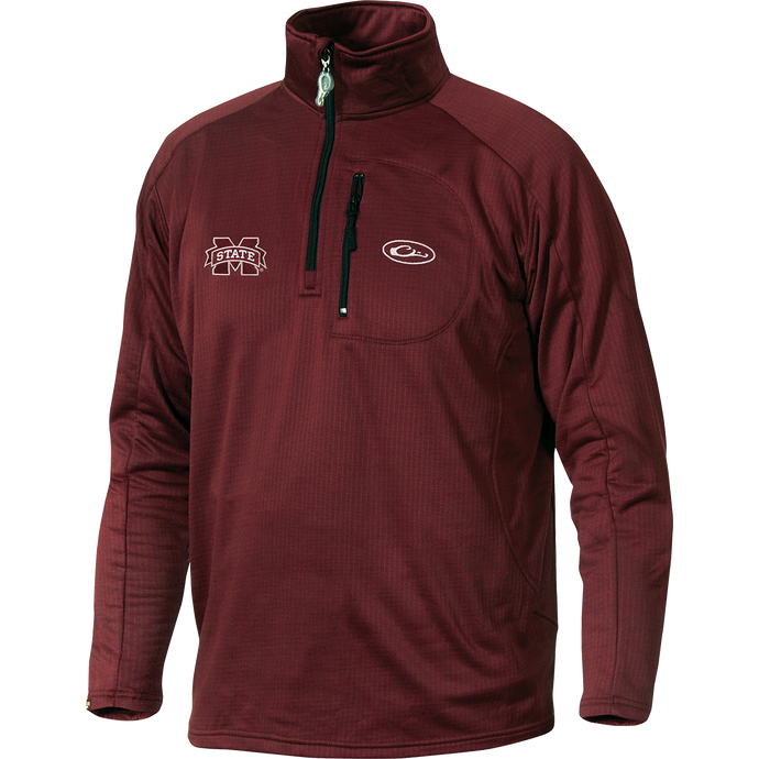 A close-up of the Mississippi State Breathelite 1/4 Zip jacket, featuring the logo embroidery on the right chest. Constructed with 100% polyester and four-way stretch micro-fleece for ultralight insulation and moisture management. Includes a vertical front chest zippered pocket. Ideal for active outdoorsmen in cool weather.