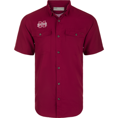 Mississippi State Frat Dobby Solid Short Sleeve Shirt with logo on red surface. Classic fit, hidden button-down collar, vented cape back.