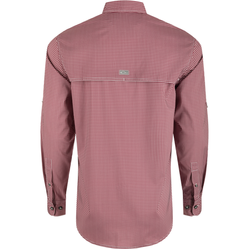 Mississippi State Frat Gingham Shirt with hidden collar, chest pockets, and adjustable sleeves. Lightweight, stretchy, and moisture-wicking.