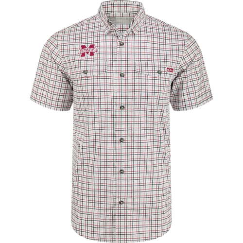 A close-up of the Mississippi State Frat Tattersall shirt with hidden button-down collar, vented cape back, and two chest pockets.