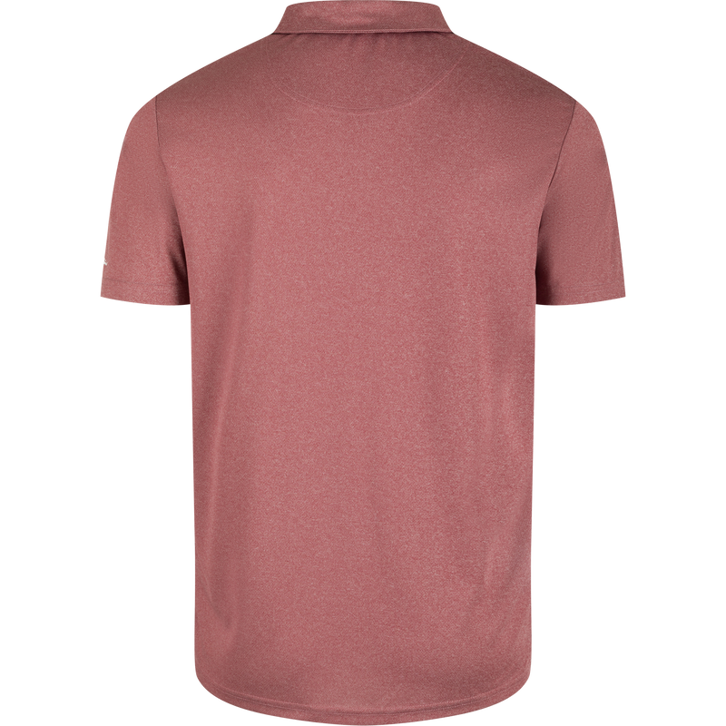 Mississippi State Vintage Heather Polo, a red shirt with vintage heather finish. Four-way stretch, moisture-wicking, and breathable fabric for Bulldogs fans. Official logo on left chest.