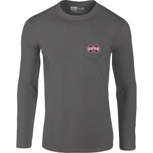 Mississippi State Sportsman T-Shirt: Long-sleeved grey shirt with a pocket and school logo. Back artwork showcases items used on Saturdays in the South.