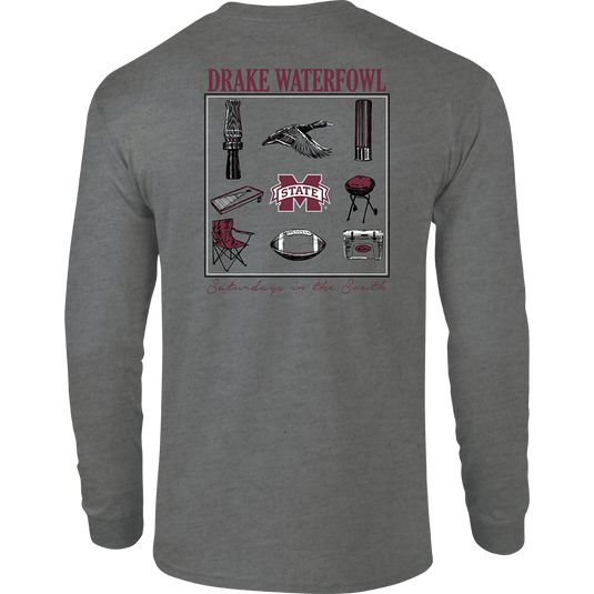 Mississippi State Sportsman T-Shirt: Back of a grey long-sleeved shirt with a stylized scene showcasing items used on 