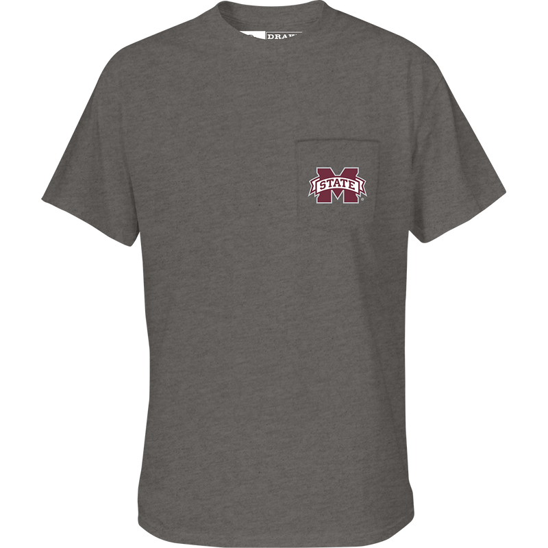 A grey t-shirt with the Mississippi State Drake Lab logo pocket on the front.