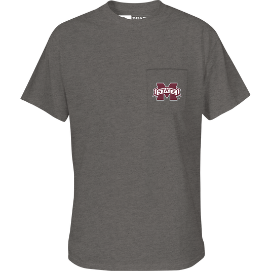 A grey t-shirt with the Mississippi State Drake Lab logo pocket on the front.