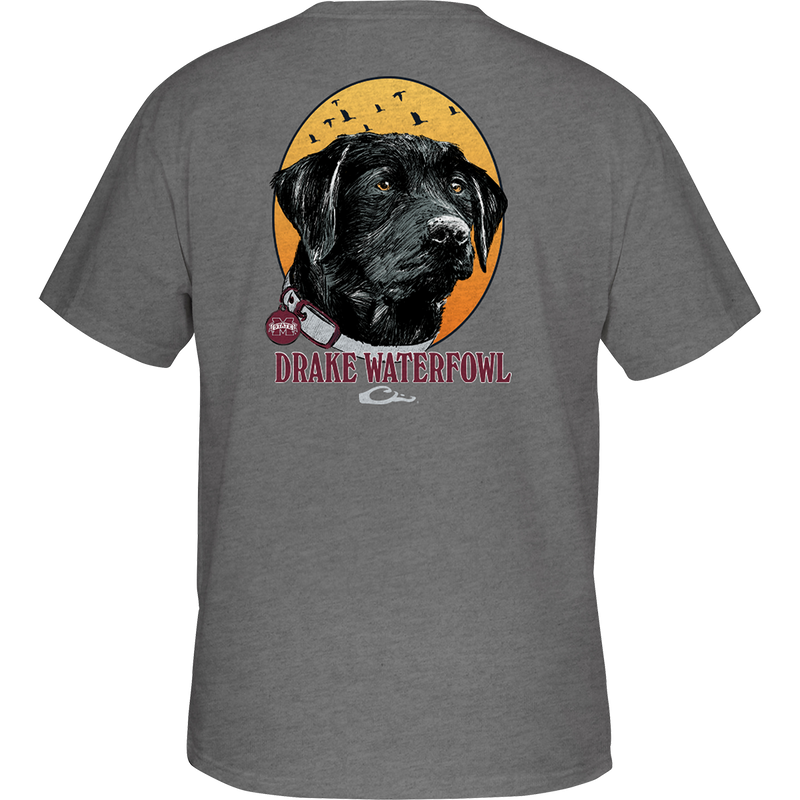 Mississippi State Drake Lab T-Shirt featuring a dog logo pocket on a grey shirt. Lightweight and comfortable cotton/polyester blend.