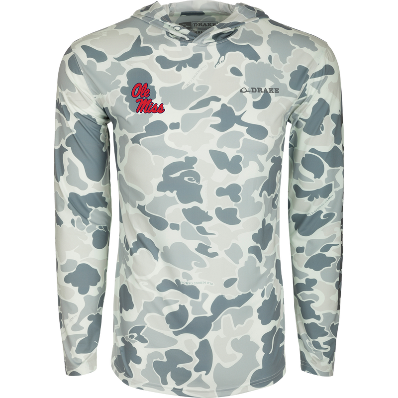A long-sleeved performance camo hoodie with exceptional functionality and built-in cooling, UPF 50 sun protection, moisture-wicking, and quick-drying features. Lightweight and versatile, perfect for all weather conditions. From Drake Waterfowl, high-quality hunting gear and clothing.
