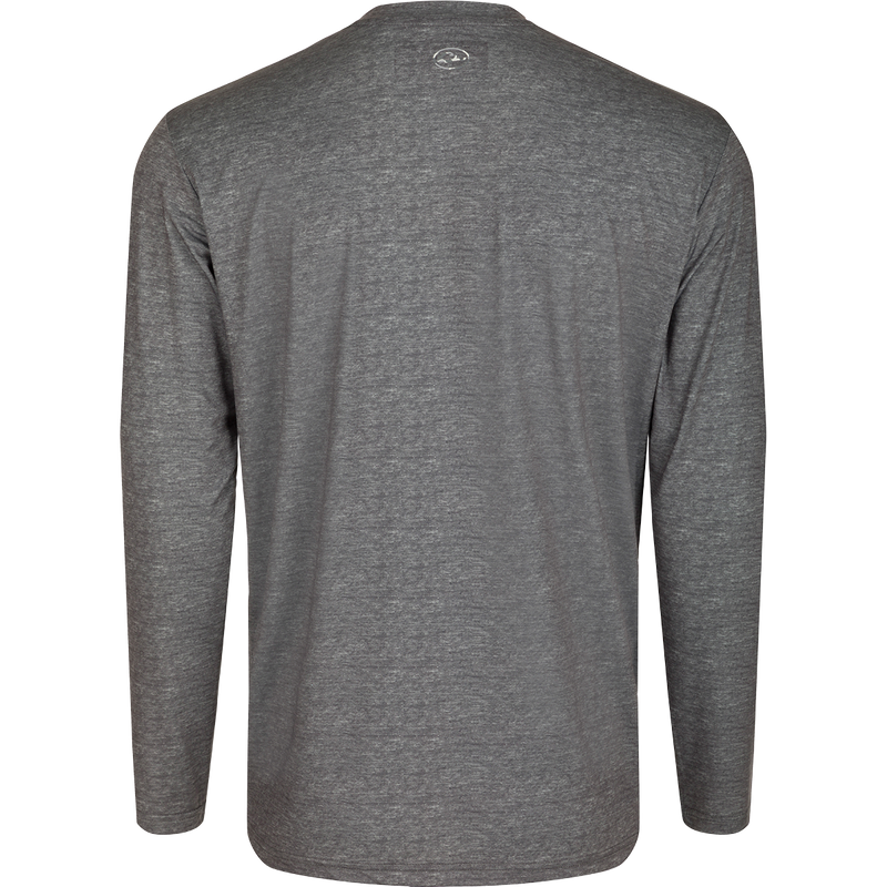 South Carolina Performance Heather Long Sleeve Crew, a lightweight, breathable, and moisture-wicking grey shirt with a logo on the back. Ideal for all-year wear in various weather conditions.