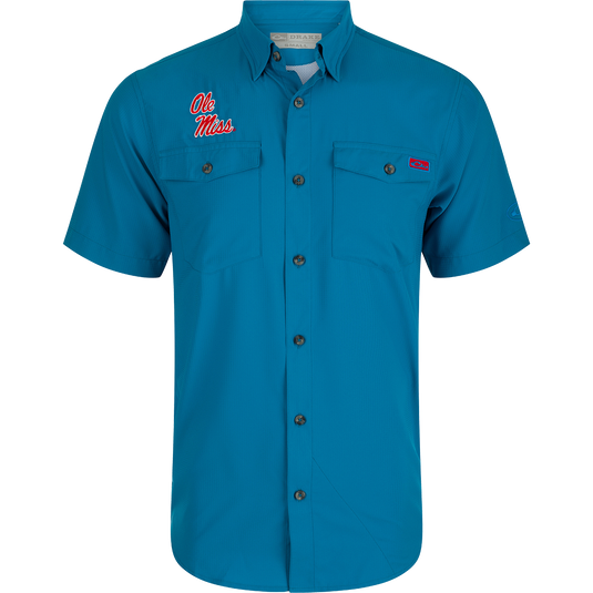 Ole Miss Frat Dobby Solid Short Sleeve Shirt: A performance shirt with hidden collar, chest pockets, and vented cape back.