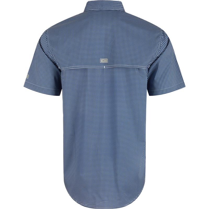 Ole Miss Frat Gingham shirt, back view. Lightweight, moisture-wicking fabric with UPF30 sun protection. Hidden button-down collar, vented cape back, and two chest pockets. Classic styling and technical features.