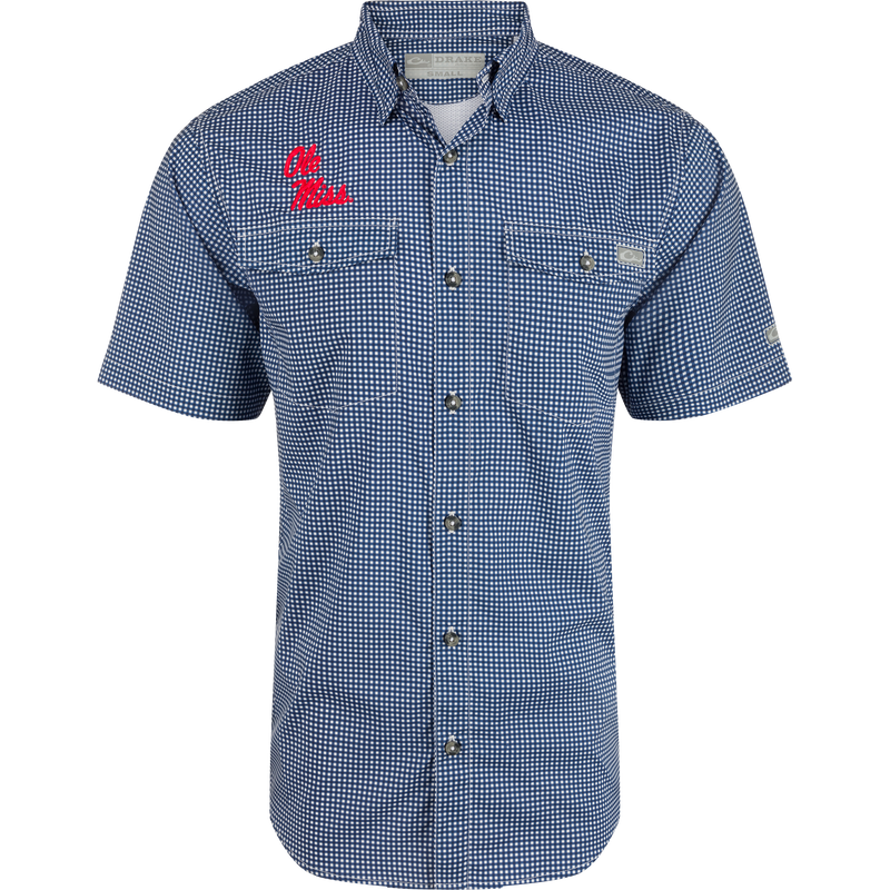 Ole Miss Frat Gingham shirt with hidden button-down collar, vented cape back, and sculpted hem. Lightweight, stretchy, and moisture-wicking.