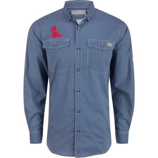 Ole Miss Frat Gingham long sleeve shirt with hidden button-down collar, vented cape back, and adjustable roll-up sleeves.