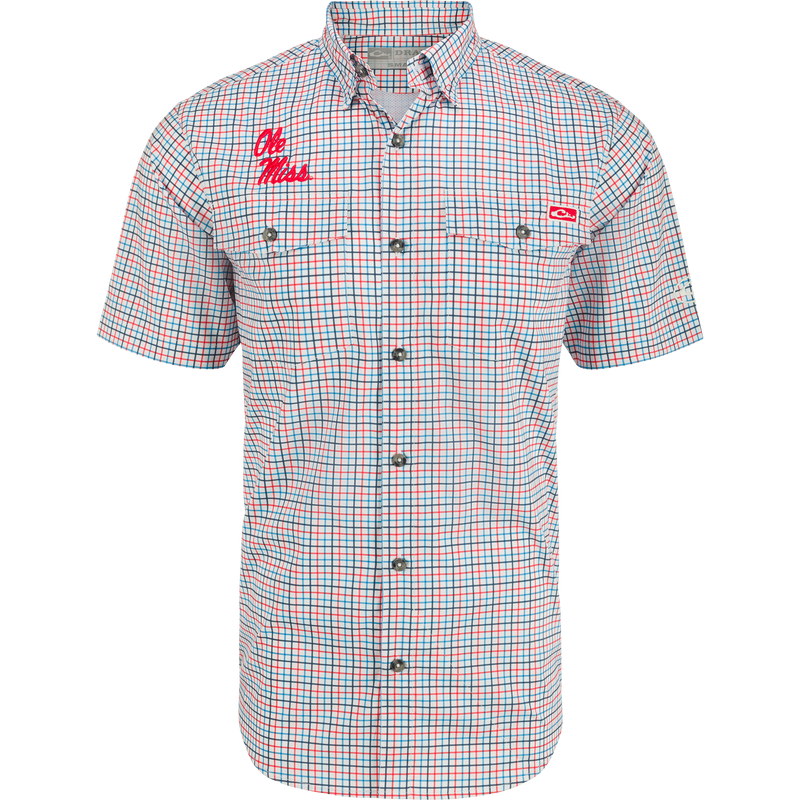 A classic fit Ole Miss Frat Tattersall shirt with hidden button-down collar, vented cape back, and two chest pockets. Lightweight, moisture-wicking, and UPF 30 sun protection.