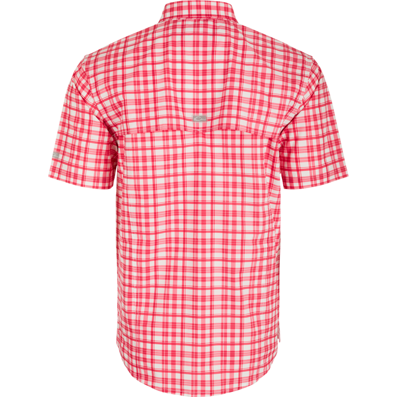 Ole Miss Hunter Creek Windowpane Plaid Short Sleeve Shirt, a lightweight, moisture-wicking, and sun-protective shirt with hidden collar and chest pockets.