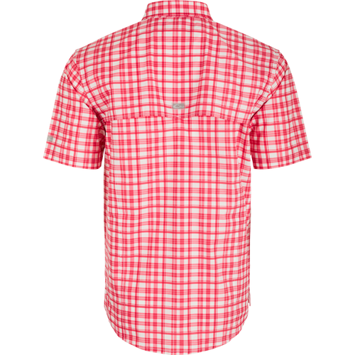 Ole Miss Hunter Creek Windowpane Plaid Short Sleeve Shirt, a lightweight, moisture-wicking, and sun-protective shirt with hidden collar and chest pockets.