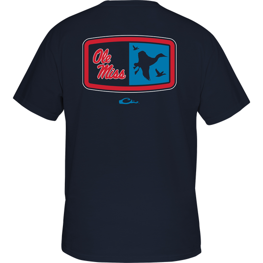Ole Miss Drake Badge T-Shirt with logo of birds and a duck flying in the air on the back