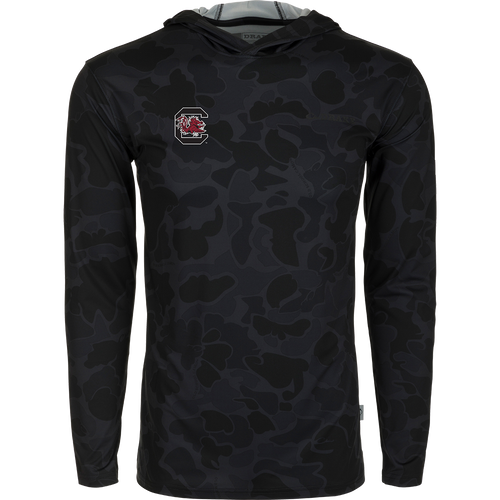 South Carolina Performance Long Sleeve Camo Hoodie with black fabric and red logo. Exceptional functionality, lightweight, and packed with performance features.