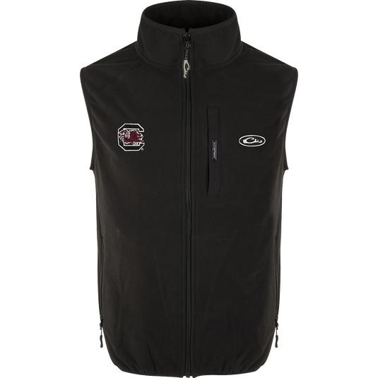 South Carolina Camp Fleece Vest: Windproof layering vest with logo embroidery on right chest. Stand-up collar, Magnattach™ pocket, and hand warmer pockets.