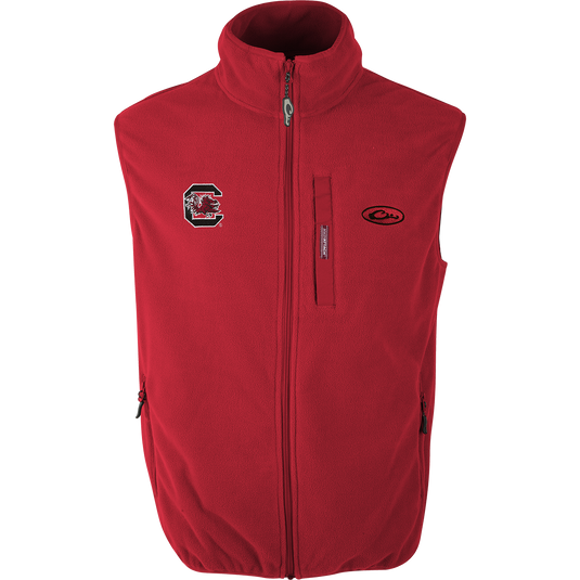 South Carolina Camp Fleece Vest with logo embroidery on right chest. Windproof, water resistant, ultra-warm fleece. Stand-up collar, Magnattach™ pocket, hand warmer pockets.