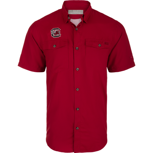 South Carolina Frat Dobby Solid Short Sleeve Shirt: A red shirt with a logo, hidden button-down collar, and button-through flap chest pockets.