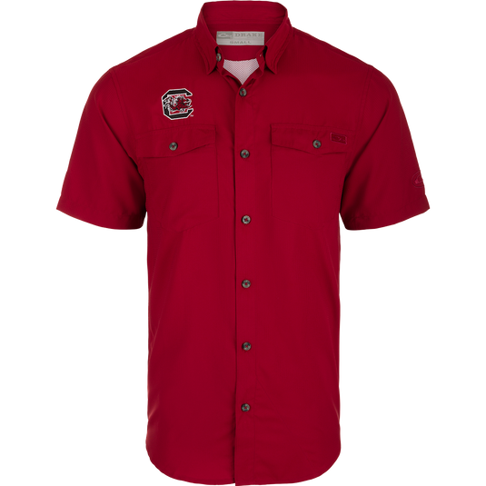 South Carolina Frat Dobby Solid Short Sleeve Shirt: A red shirt with a logo, hidden button-down collar, and button-through flap chest pockets.