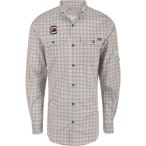 South Carolina Frat Tattersall Long Sleeve Shirt, featuring classic fit, hidden button-down collar, and vented cape back.