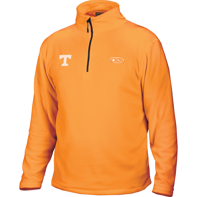 Tennessee Camp Fleece 1/4 Zip Pullover, a mid-weight layering garment with University of Tennessee logo on right chest. Anti-pill finish for longer fabric life.