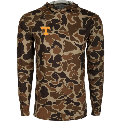 Tennessee Performance Long Sleeve Camo Hoodie, featuring a yellow logo on a camouflage shirt. Lightweight, breathable, and moisture-wicking.