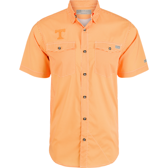 Tennessee Frat Gingham Shirt with hidden collar, chest pockets, and vented cape back. Lightweight, moisture-wicking, and UPF30 for sun protection.