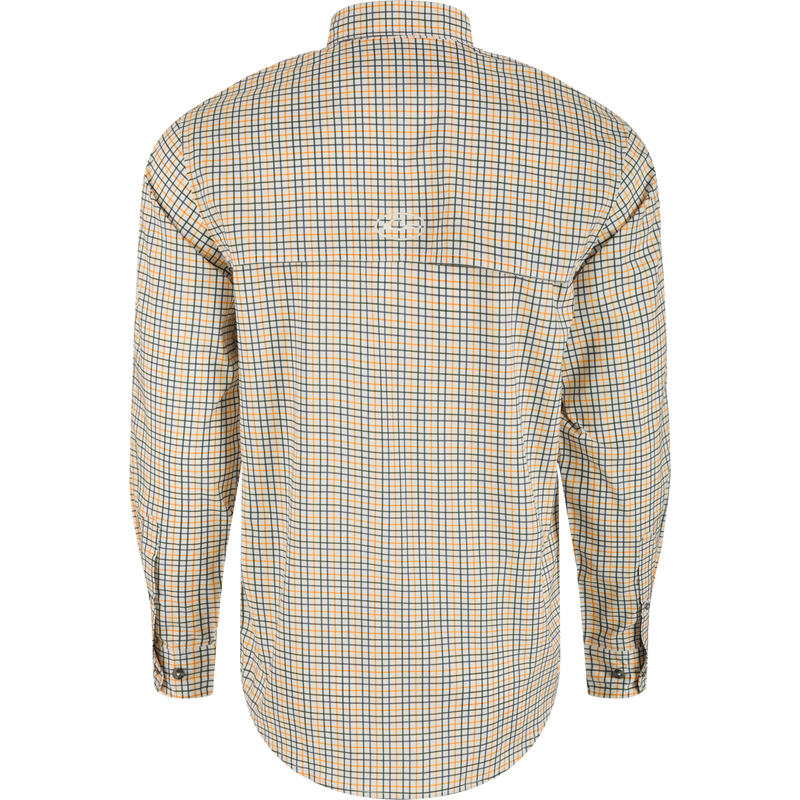 Tennessee Frat Tattersall Long Sleeve Shirt - Back view of a white plaid shirt with hidden button-down collar, vented cape back, and two button-through flap chest pockets.