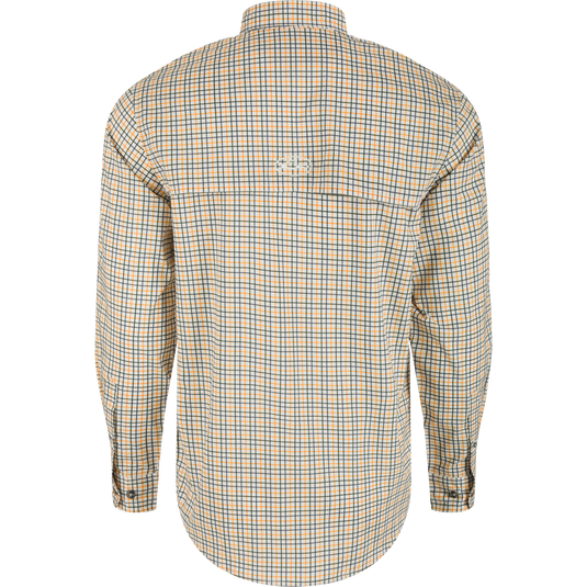 Tennessee Frat Tattersall Long Sleeve Shirt - Back view of a white plaid shirt with hidden button-down collar, vented cape back, and two button-through flap chest pockets.