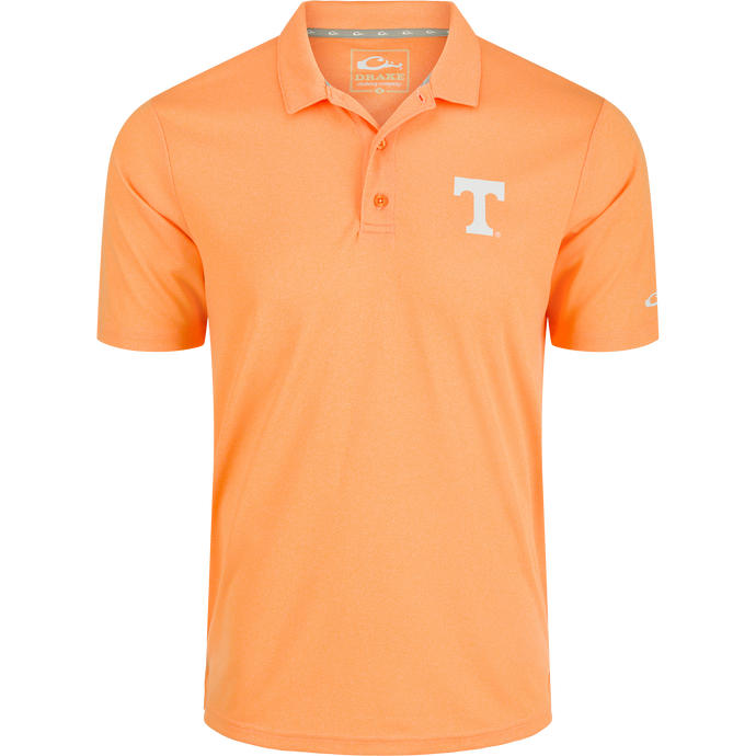 Tennessee Vintage Heather Polo: A comfortable orange polo shirt with a white T-shirt logo. Perfect for any Volunteers fan with its vintage heather finish and official Tennessee logo on the left chest. Made of 100% polyester with four-way stretch for a cool and breathable fit.