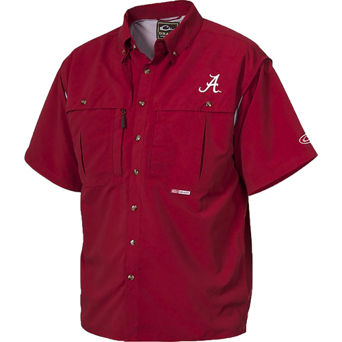 Alabama Wingshooter's Shirt S/S: Red shirt with white letter, perfect for Game Day. Features include heat vents, Magnattach™ pocket, and breathable fabric for hunting and outdoor activities.