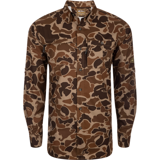 8-Shot Flyweight L/S Shirt: Camouflage patterned shirt made of lightweight polyester fabric. Features hidden button-down collar, vented cape back, and adjustable roll-up sleeves.