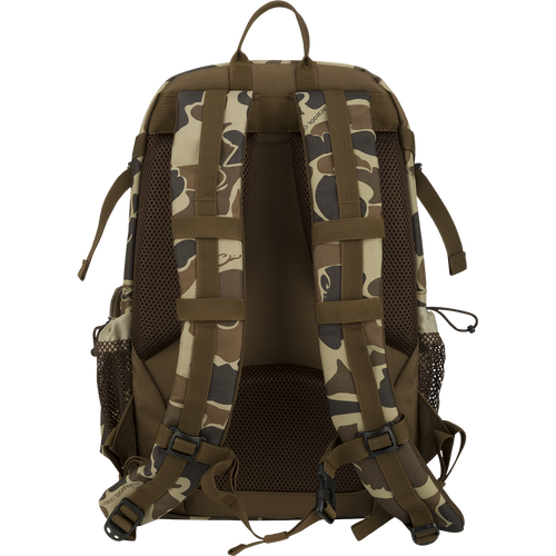A rugged camouflage backpack with straps, featuring a hardshell outer zippered pouch to protect your valuables, mesh side pockets, and an exterior sunglasses pouch. Perfect for day trips, travel, or everyday use.