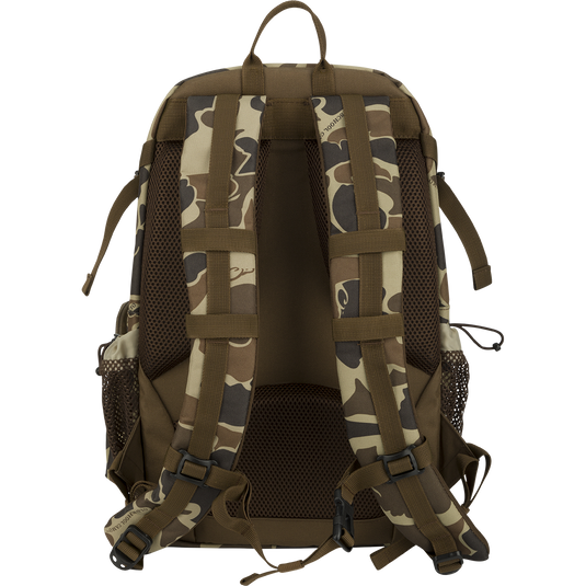 A rugged camouflage backpack with straps, featuring a hardshell outer zippered pouch to protect your valuables, mesh side pockets, and an exterior sunglasses pouch. Perfect for day trips, travel, or everyday use.