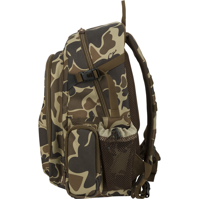 A rugged, PVC-backed Hardshell Every Day Pack with padded shoulder strap, outer zippered pouch, mesh side pockets, and interior storage. Ideal for day trips, travel, or everyday use.