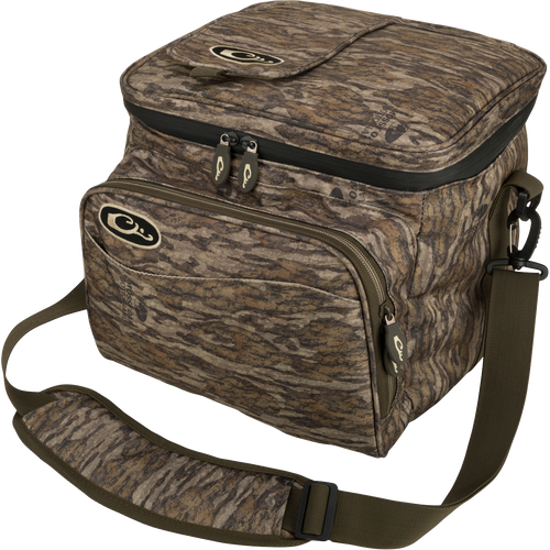 A waterproof soft-sided cooler with a strap, perfect for outdoor adventures. Holds 18 cans and has a quick-access lid and front pocket for convenience.