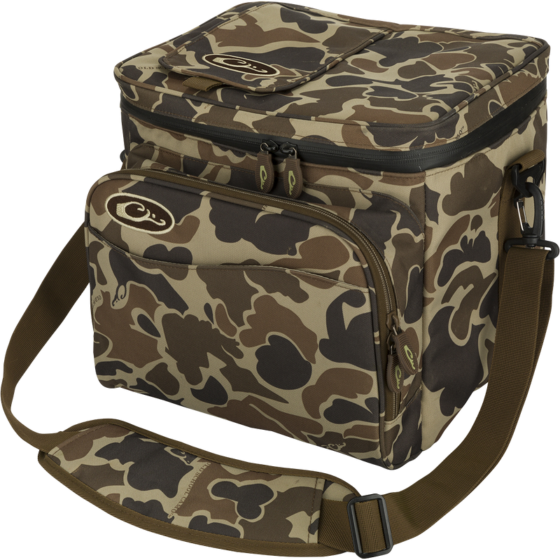 A waterproof camouflage bag with a strap, perfect for outdoor adventures. Holds 18 cans and has a zippered front pocket for small items.