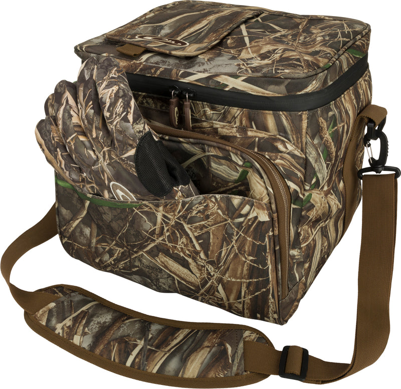 A waterproof soft-sided cooler with a strap, perfect for outdoor adventures. Holds 18 cans and has a quick-access lid and front pocket.