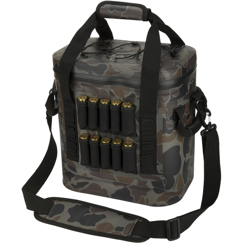 A rugged, waterproof 16-Can Waterproof Soft-Sided Insulated Cooler with a camouflage design and bullet accents. Perfect for outdoor adventures.