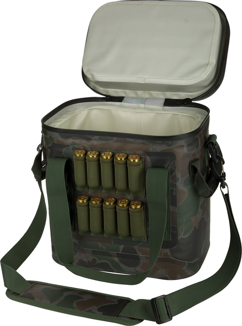 16-Can Waterproof Soft-Sided Cooler with ammunition inside, molded handles, and padded shoulder strap. Perfect for outdoor adventures.