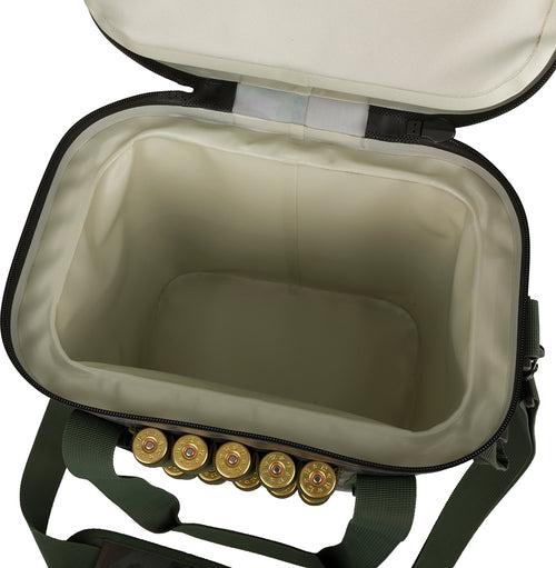 16-Can Waterproof Soft-Sided Insulated Cooler with shotgun shells inside, perfect for hunting trips and outdoor adventures.