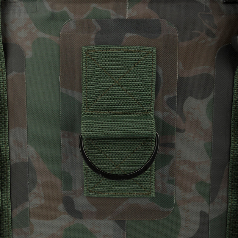 16-Can Waterproof Soft-Sided Cooler with camouflage pattern and green strap, perfect for outdoor adventures.