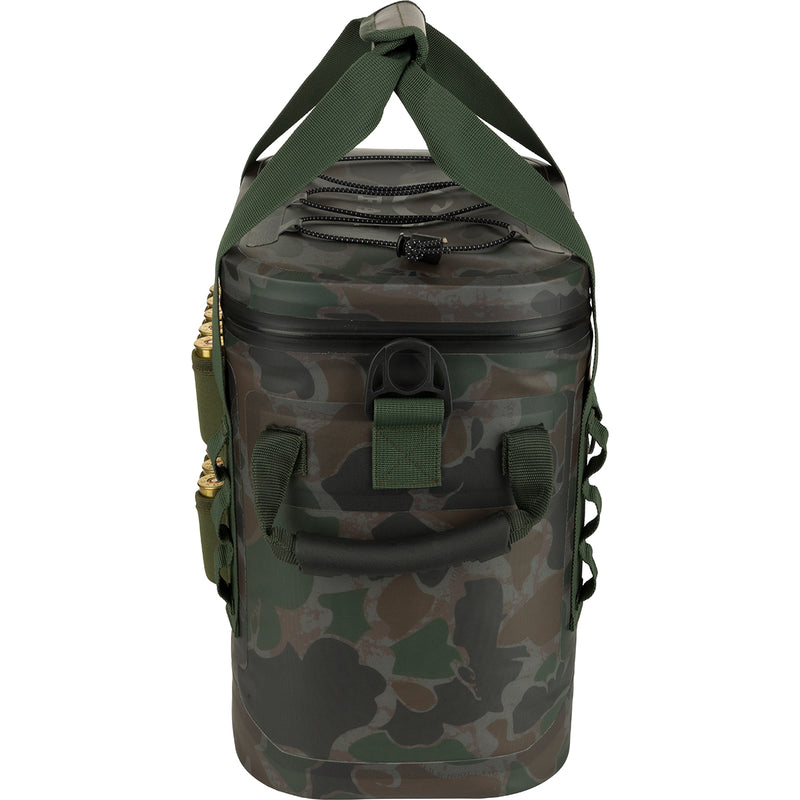 A rugged, waterproof 16-Can Waterproof Soft-Sided Insulated Cooler with a camouflage design and a strap. Perfect for outdoor adventures.