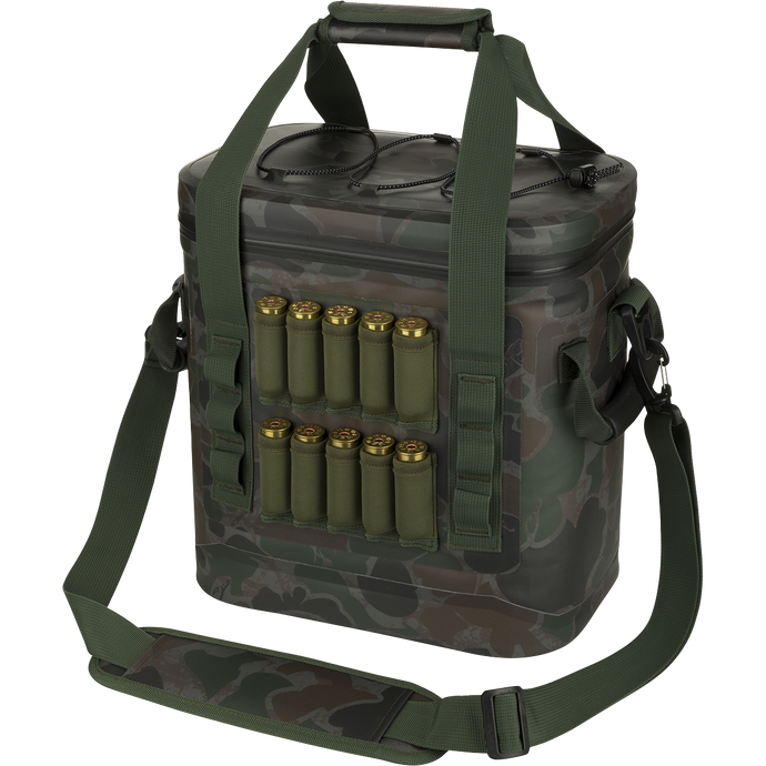 16-Can Waterproof Soft-Sided Cooler with bullets on it, neoprene shell loops, molded handles, and padded shoulder strap.