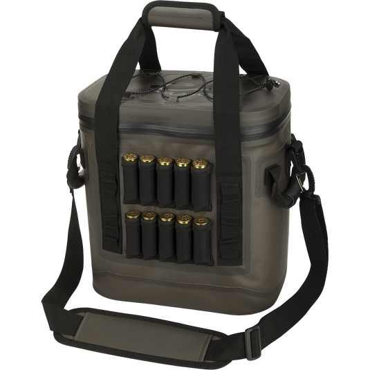 A black soft-sided cooler with a row of shotgun shells and a fabric with stitching. 16-Can Waterproof Soft-Sided Insulated Cooler.